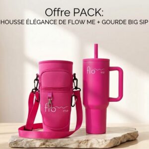Offre Pack Flow Me : Housse Élégance avec bandoulière et poches, associée à la Gourde Big Sip avec paille, proposée au tarif promo de 39,99 € au lieu de 46,98 €.
